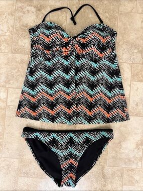 Converse Black Tankini with Teal and Coral Chevron Print